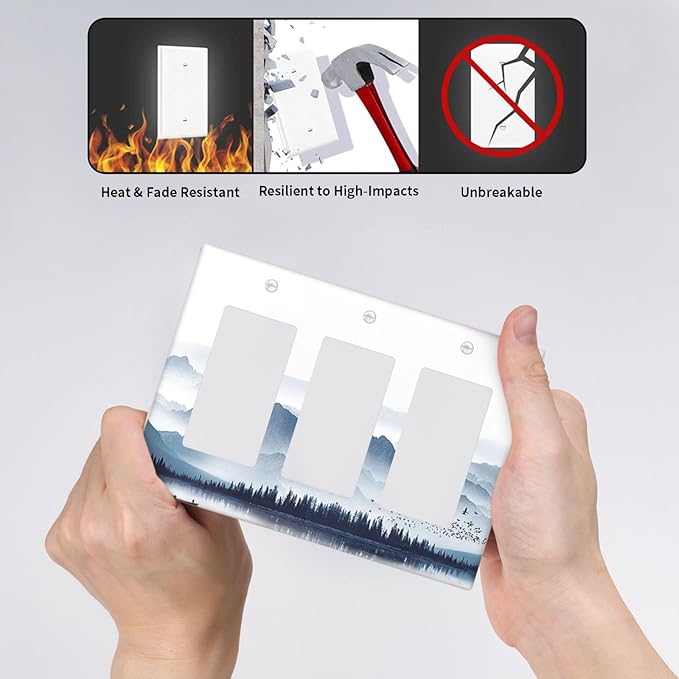 Light Switch Covers Mountain Foggy Lake Boat Grey Blue Forest Birds 3 Gang Rocker Electrical GFCI Decorative Triple Outlet Wall Plate Cover Switchplate for Bedroom living Room Decor