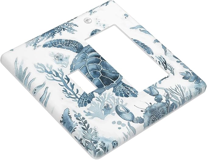 Blue Sea Turtle Coastal Coral Beach Crab Seaweed Outlet Covers 1 Toggle 1 Rocker Combination Decorative Wall Plate Electrical Switch Plates Light Switch Cover Plate for Kids Room Bathroom Decor