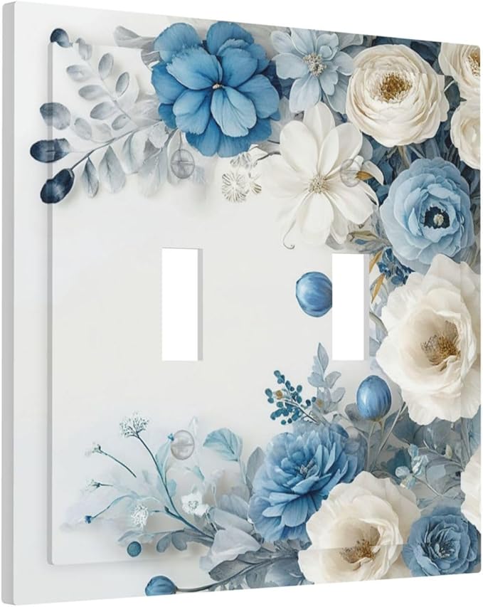 Decorative Light Switch Cover Plate Blue Rose White Flowers Rustic Floral 2 Gang Wall Plate Oversized Double Toggle Two Switch Wall Cover Plate Dual Device Electrical Face Plate