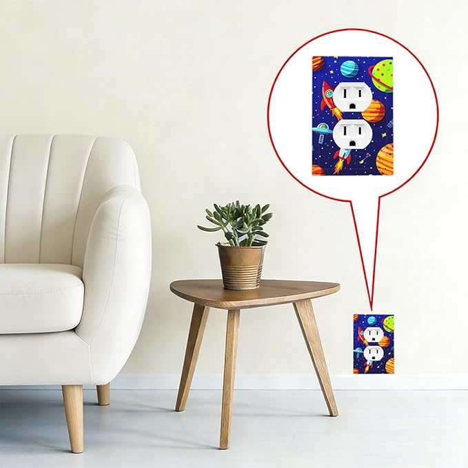 Planets, Rockets & Aliens Duplex Wall Plate - 1-Gang Standard US Size Astronaut Cosmic Adventure Outlet Covers for Boy's Bedroom Decor