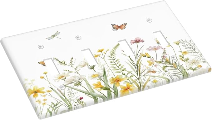 Colorful Wildflowers Dragonfly Butterfly Floral Light Switch Covers Quad Toggle Electrical Faceplate 4 Gang Wall Plate Decorative Switch Plates Cover for Bedroom Living Room Decor