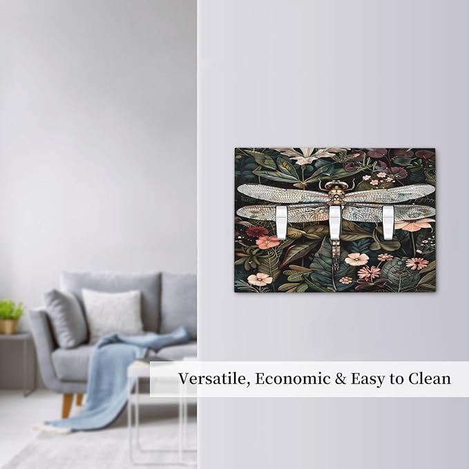 Vintage Dark Green Dragonfly Flowers Floral Botanical Decorative Switch Plates 3 Gang Wall Plate Triple Toggle Light Switch Cover Faceplate Electrical Wall Panels for Farmhouse Home Decor