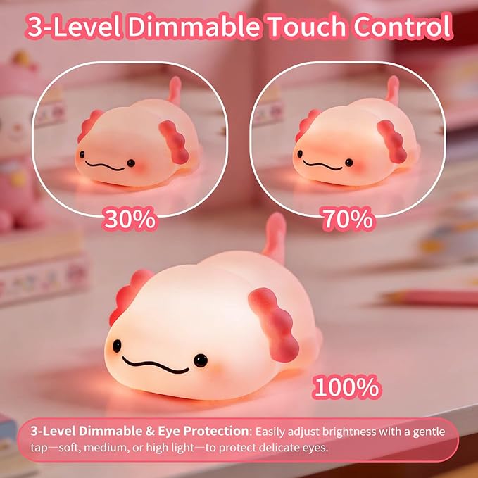 Axolotl Night Light for Kids, Squishy Silicone 3-Level Dimmable Touch Control Cute Nightlight with Timer, Portable USB Rechargeable Nursery Pink Night Lamp Gifts for Baby, Toddler Room Decor