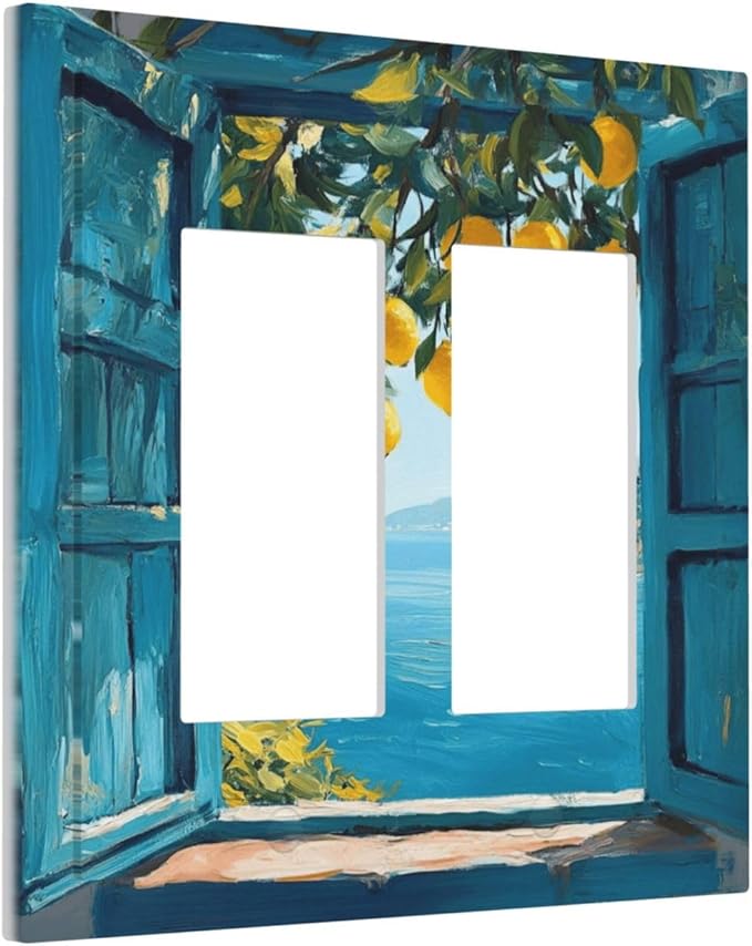 Window View Coastal Lemon Tree Mediterranean Landscape Decorative Outlet Covers 2 Gang Double GFCI Rocker Electrical Wall Panels Light Switch Cover Plate for Bedroom Living Room Decor