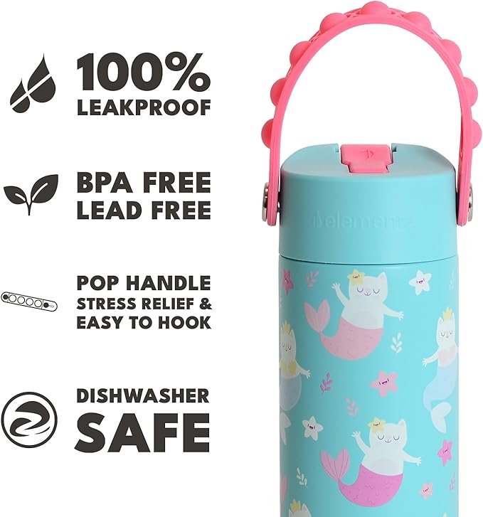 Elemental 100% Leak Proof When Spout is Closed Insulated Kids Water Bottle, Stainless Steel Bottle for School with Straw Lid & Pop-It Handle, Unicorn Magic & Meowmaid - 18oz (2 Pack)
