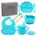 100% Silicone baby feeding set,BPA free Baby dishes set with Suction Bowl Divided Plate,Toddler Self Feeding Dish Set with Spoons Forks Sippy Cup And Bib, Baby Eating Utensils (Cyan Blue)