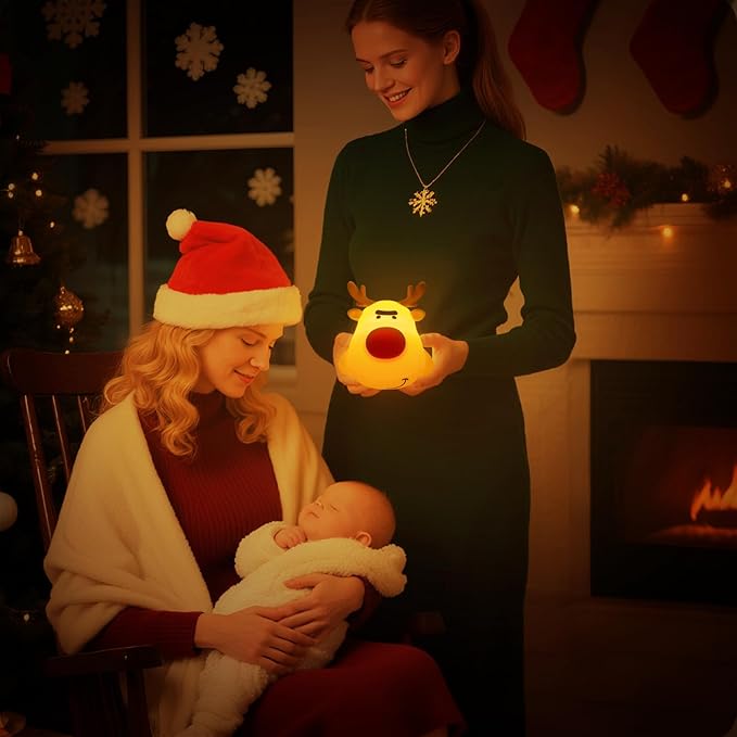 Reindeer Night Light, Soft Squishy Silicone Kids Nightlight, 3 Level Dimmable Touch Lamp with Timer, 1200mAh USB Rechargeable Baby Nursery Lamp, Xmas Gifts Kawaii Bedroom Decor