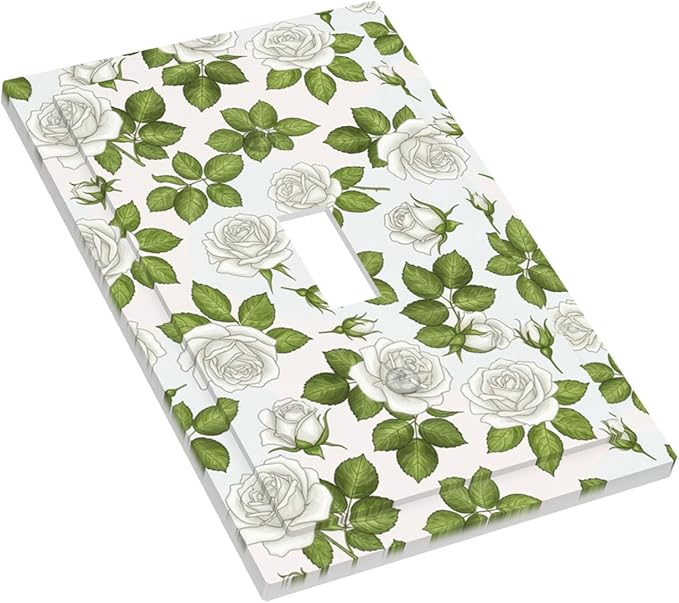Elegant White Roses & Green Leaves Floral 1-Gang Toggle Light Switch Plate, Timeless Rose Garden Decorative Wall Plate for Bathroom Bedroom Vanity