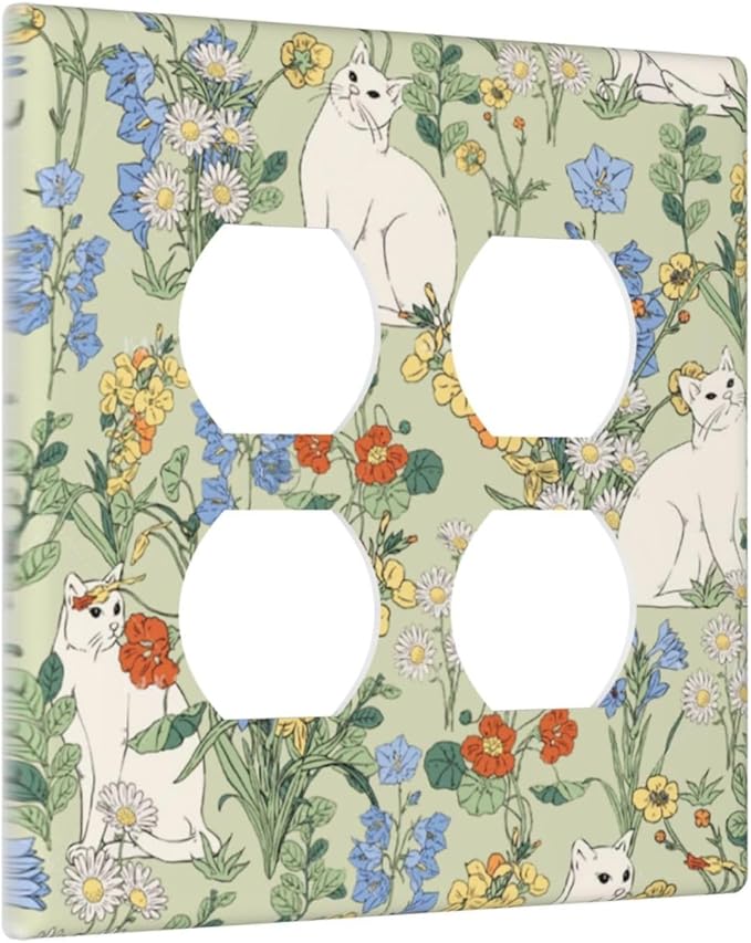 Outlet Covers Vintage Floral Cute Cat Colorful Flowers 2 Gang Double Duplex Decorative Light Switch Covers Electrical Wallplates Socket Faceplate For Bed Room Living Room Decor