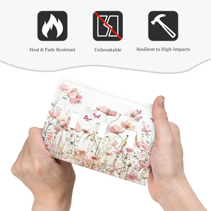 Boho Floral Watercolor Pink Wildflower Butterfly Decorative Switch Plates 3 Gang Wall Plate Triple Toggle Light Switch Cover Faceplate Electrical Wall Panels for Bedroom Living Room Decor