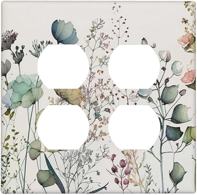 Beige/Cream Vintage Wildflower Flower Blossom 2 Gang Double Duplex Combo Wallplate Spring Garden Border Bloom Rustic Floral Receptacle Outlet Covers Two Gang Dual Device Light Switch Cover Faceplate