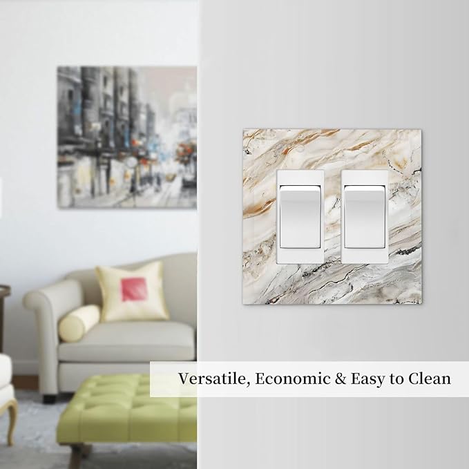 Matte Beige Gold Marble Granite Abstract Print Decorative Outlet Covers 2 Gang Double GFCI Rocker Electrical Wall Panels Light Switch Cover Plate for Bathroom Kitchen Decor