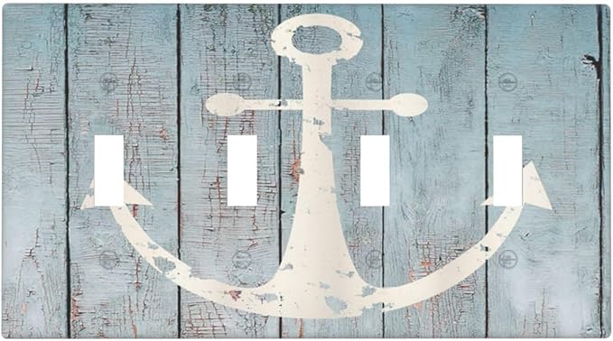 Anchor Rustic Sailing Nautical Wooden Planks Marine Light Switch Covers Quad Toggle Electrical Faceplate 4 Gang Wall Plate Decorative Switch Plates Cover for Bathroom Farmhouse Decor