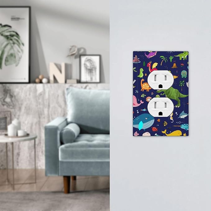 Cartoon Cool Blue/Green Dinosaur 1 Gang Duplex Wall Plate Receptacle Outlet Covers Ocean Dolphin Animal Boys Kids Girls Decorative Electrical Dual Device Light Switch Plug Socket Faceplate Cover