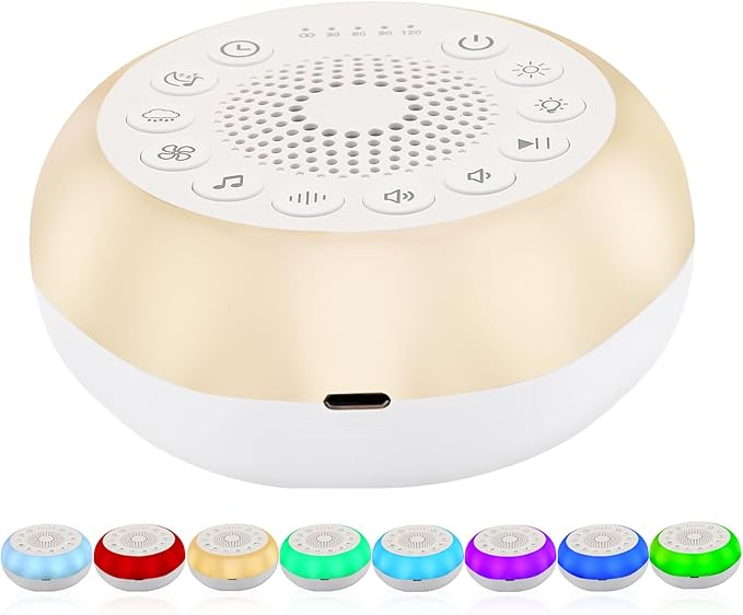 Syaws Portable Sound Machine,White Noise Machine with 27 Soothing Sounds,7 Color Night Light with Nursery Lamp,Child Lock Design,5 Sleep Timer with 18 Levels of Volume,USB C Rechargeable