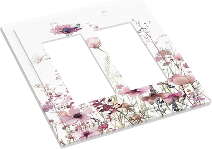 Floral Pink Watercolor Wildflowers Plant Flower Decorative Outlet Covers 2 Gang Double GFCI Rocker Electrical Wall Panels Light Switch Cover Plate for Bedroom Living Room Decor