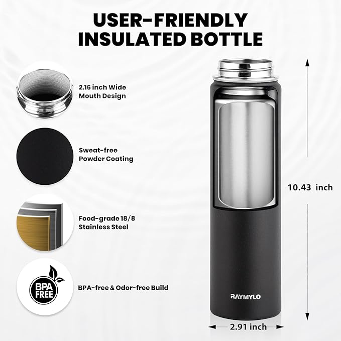 RAYMYLO Insulated Water Bottle 24oz, Triple Wall Vacuum Stainless Steel (Cold for 24Hrs, Hot for 12Hrs), Leak Proof & Non-BPA, 24oz Hydro Water Flask with Paracord Handle & Straw Spout Lids