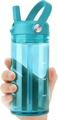 12oz Kids Water Bottle with Straw, BPA Free Thick Tritan Plastic Reusable, Clear Water Bottle, Leakproof Lid, Dishwasher Safe for School, Travel, Cool Mint Blue