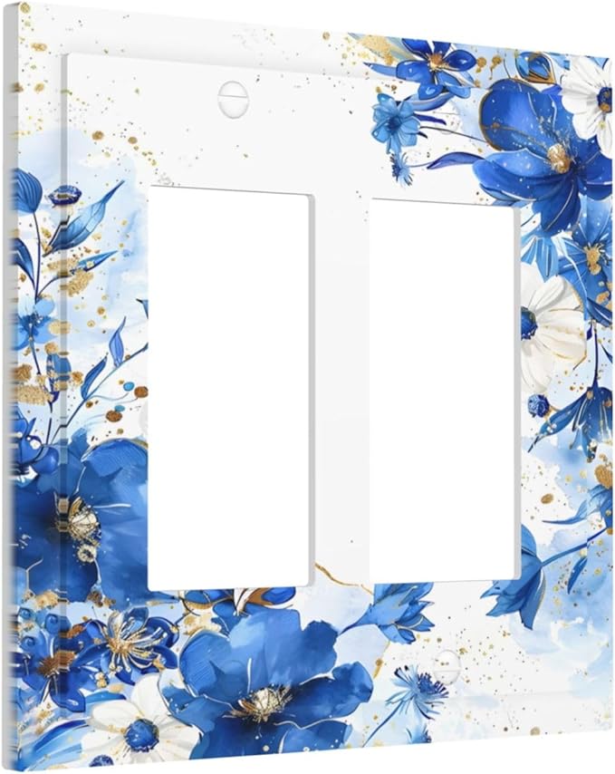 Klein Blue Flowers Watercolor Golden White Floral Decorative Outlet Covers 2 Gang Double GFCI Rocker Electrical Wall Panels Light Switch Cover Plate for Bedroom Living Room Decor