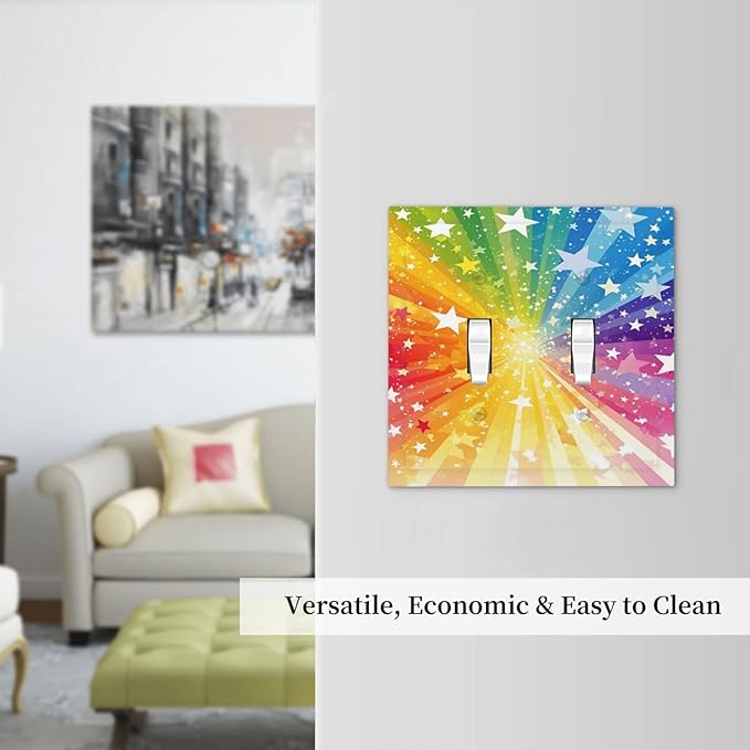 Light Switch Cover Plate Rainbowcolored Rays With White Stars 2 Gang Double Toggle Decorative Switch Plates Wall Plates Electrical Faceplate for Nursery Home Decor