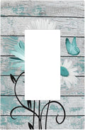 Teal White Daisy Flower Butterfly On Rustic Wood Board Decorative Outlet Covers 1 Gang Single Rocker Light Switch Cover Plate Wall Plates GFCI Faceplate for Farmhouse Bedroom Decor