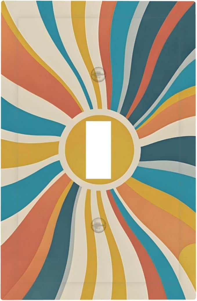 Decorative Switch Cover Plate with Retro Mid-Century Modern Sunburst Motif Design Single Gang Toggle Switch Plate Light Switch Covers Artistic Faceplate for Abstract Teal/Yellow/Orange Wall
