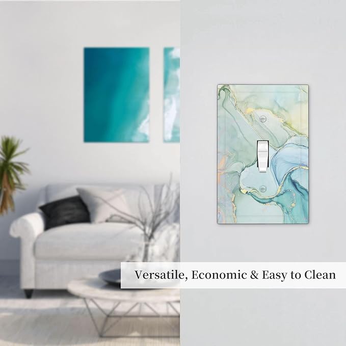 Decorative Light Switch Cover Teal Gold Marbling Turquoise 1 Gang Single Toggle Device Electrical Faceplate Switchplates Decorator Outlet Wall Plate for Bathroom living Room Decor