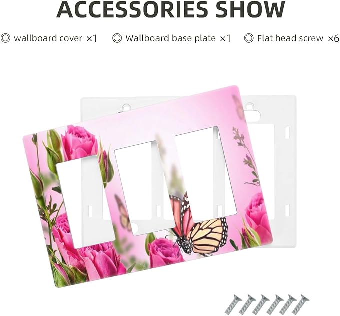 3 Gang Triple Rocker/Decor Light Switch Wall Plate Cover Decorative Butterfly Floral Pink Rose Blossom Electrical Faceplate Switchplates for Girl Spring Romance Flower Bouquet Room Decor Screwless