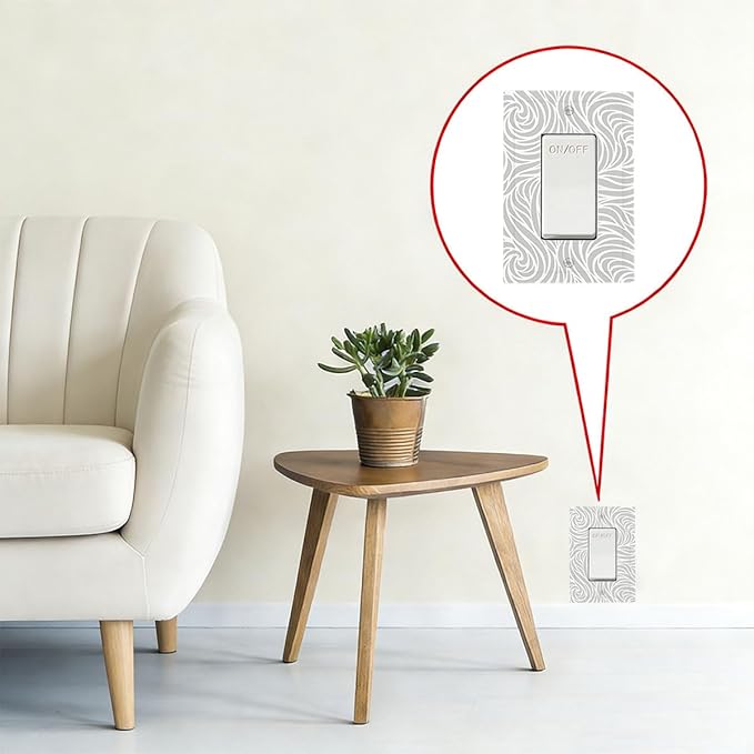 Silver Swirls Single Rocker Switch Cover - 1-Gang Standard US Size Modern Abstract Wave Vortex, Neutral Gray Decorative Light Switch Covers for Contemporary Home Decor
