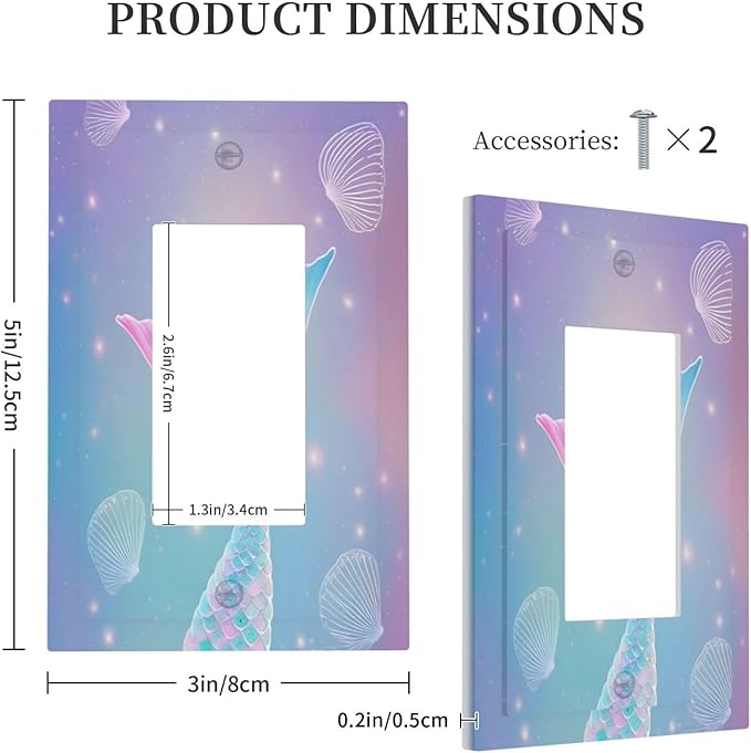 Cute Mermaid Pink Tail Scales Shells Colorful Ocean Decorative Outlet Covers 1 Gang Single Rocker Light Switch Cover Plate Wall Plates GFCI Faceplate for Kids Room Nursery Decor