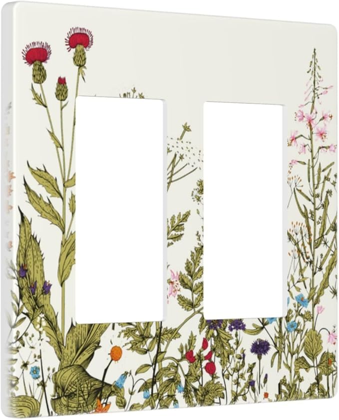 Country Vintage Flowers Floral Wildflower 2 Gang Double GFCI Decorative Decorator Rocker Light Switch Cover Herbs Sage Blossom Dual Device Outlet Switch Face Wallplate Screwless for Socket USB Dimmer