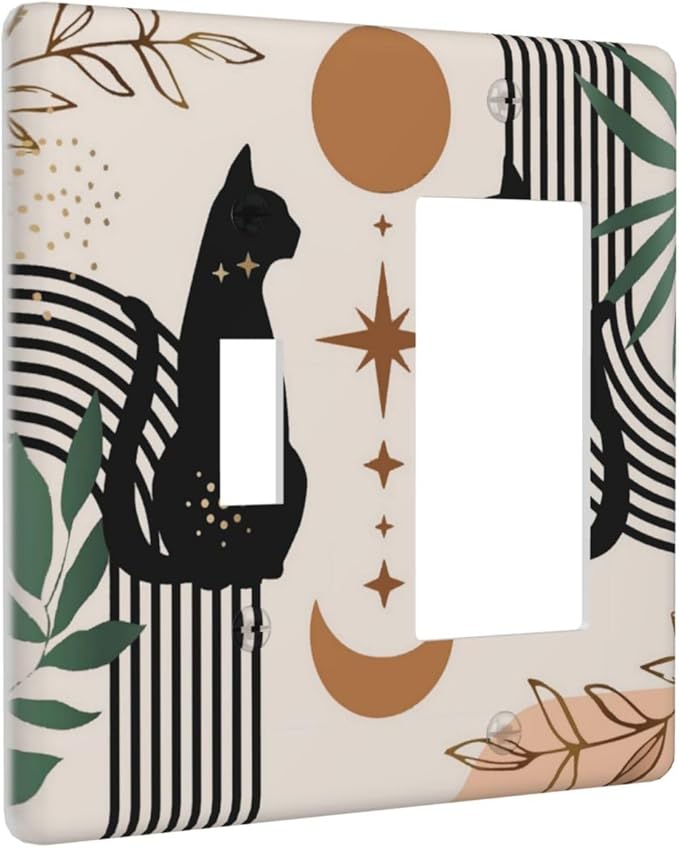 Black Boho Mid Century Cute Cat 2 Gang Combo Device 1-Toggle 1-Decorator/GFCI Receptacle Outlet Light Switch Cover 70s Neutral Moon Aesthetics Abstract Art Two Gang Combination Rocker Face Wall Plate
