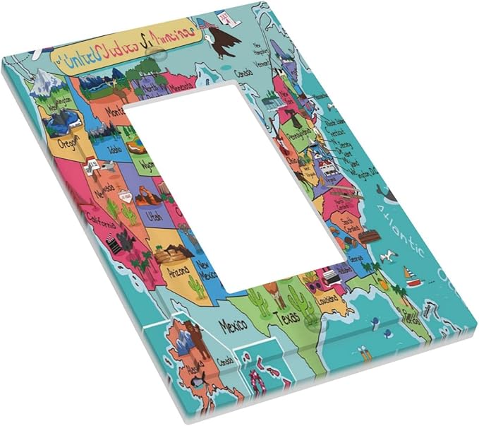 American Map Animal Educational Geography Colorful Landmark Landscape 1 Gang Rocker/Decor Outlet Light Switch Wall Plate Cover Decorative Faceplate Switchplates Bathroom Living Room Bedroom Decorate