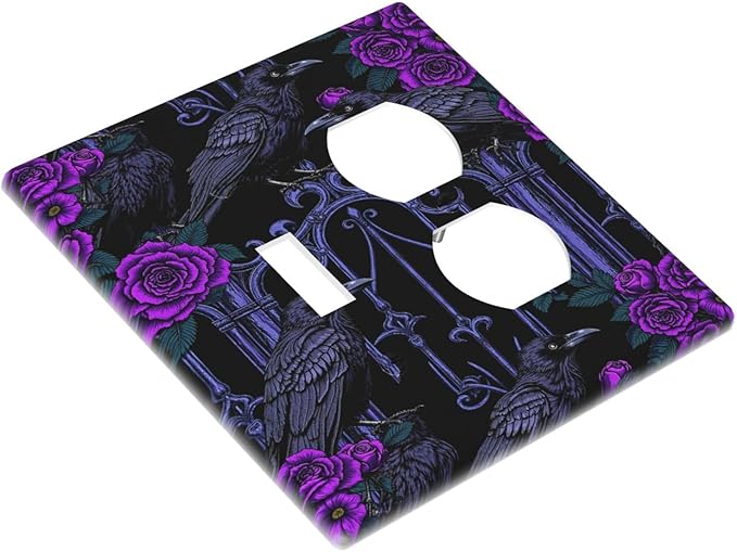Wallplates Gothic Style Crow Purple Flowers 1 Toggle 1 Duplex Switch Plate Electrical GFCI Faceplate Decorative Light Switch Covers for Bedroom living Room Decor