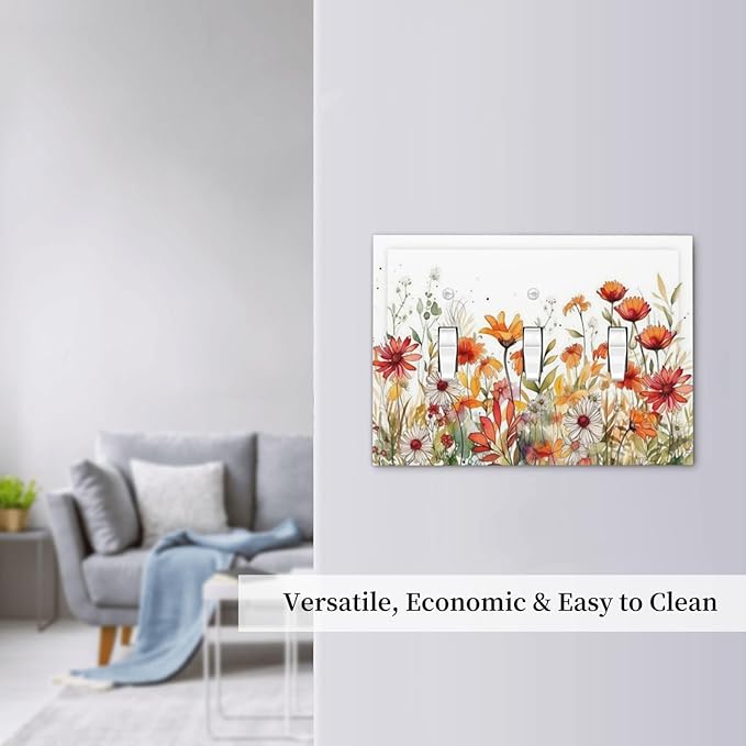 Watercolor Wild Flower Floral Daisy Plant Decorative Switch Plates 3 Gang Wall Plate Triple Toggle Light Switch Cover Faceplate Electrical Wall Panels for Bedroom Living Room Decor