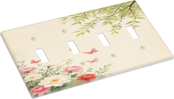 Light Switch Covers Garden Flowers Green Leaves And Butterflies Quad Toggle 4 Gang Wall Plate Electrical Faceplate Decorative Switch Plates for Bedroom Cabin Decor