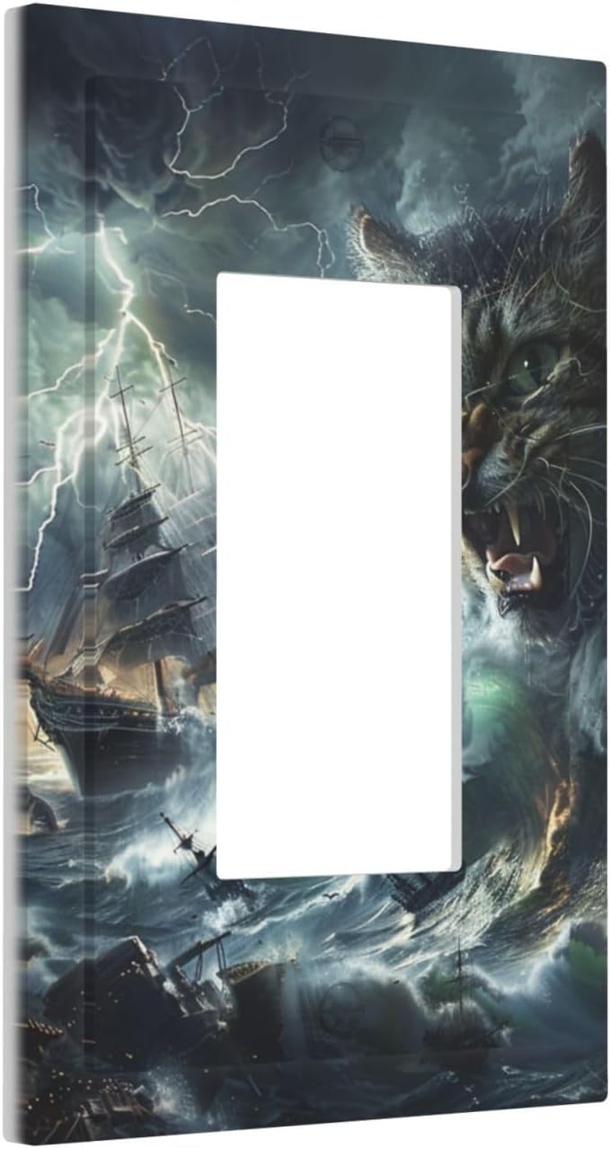 Light Switch Cover Plate funny Cat Stormy sea Lightning Sailboats 1 Gang Outlet Covers Single Rocker Decorative Switch plates Electrical Wall Plates GFCI Receptacle for Bathroom Kid Room