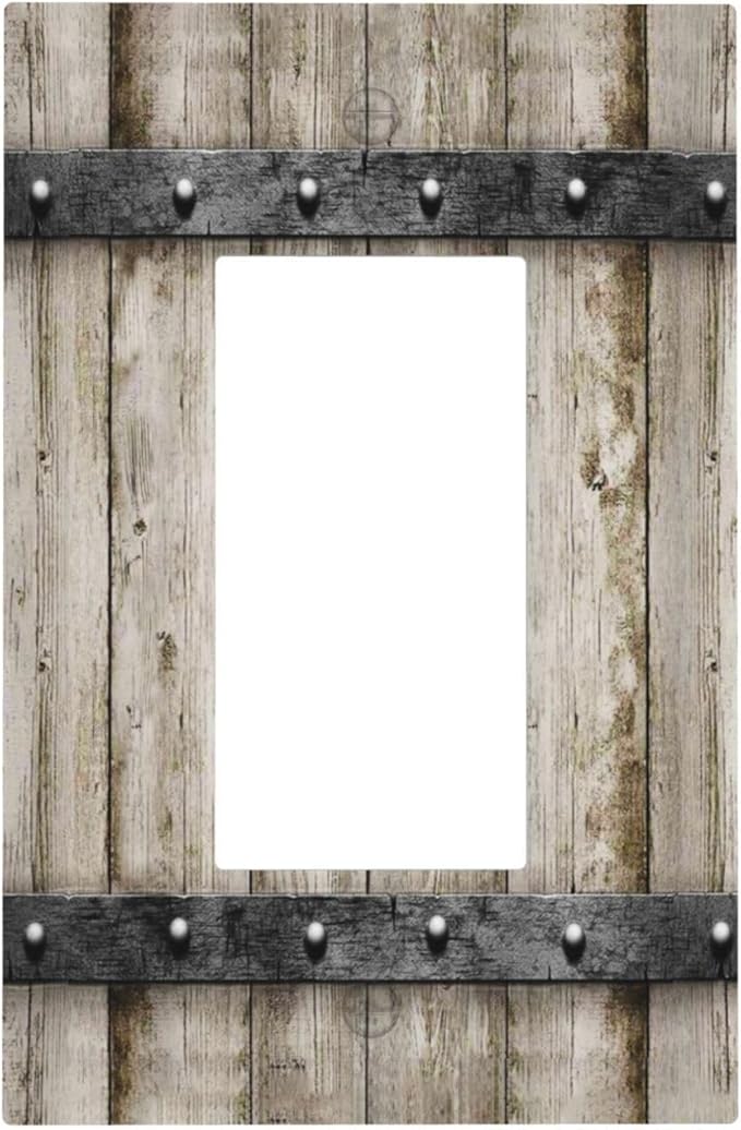 1 Gang Single GFCI/Decorator Rocker Outlet Light Switch Wall Plate Cover Vintage Rustic Western Metal Country Farmhouse Barn Cabin Garage Wood Door Decorative One Device Electrical Faceplate Dimmer