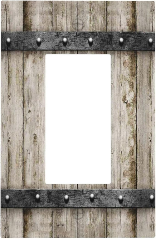 1 Gang Single GFCI/Decorator Rocker Outlet Light Switch Wall Plate Cover Vintage Rustic Western Metal Country Farmhouse Barn Cabin Garage Wood Door Decorative One Device Electrical Faceplate Dimmer