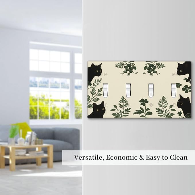 Decorative Light Switch Cover Plate Funny Black Cat Green Leaf 4 Gang Wall Plates for Electrical Outlets Quad Toggle Switch Plate Covers Outlet Covers Faceplate for Bedroom Home Decor