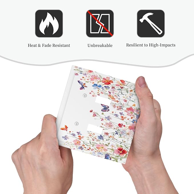 Colorful Flower Watercolor Floral Butterfly Bird Decorative Switch Plates 2 Gang Double Toggle Outlet Light Switch Cover Wall Plate Electrical Faceplate for Bedroom Living Room Decor
