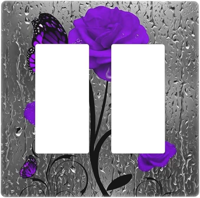 Purple Butterfly Rose Flower 2 Gang Double Rocker/Decor Light Switch Cover Decorative Outlet Wall Plate Electrical Faceplate For Girls Room Bedroom Decorate Screwless 4.7" x 4.6 Large Size