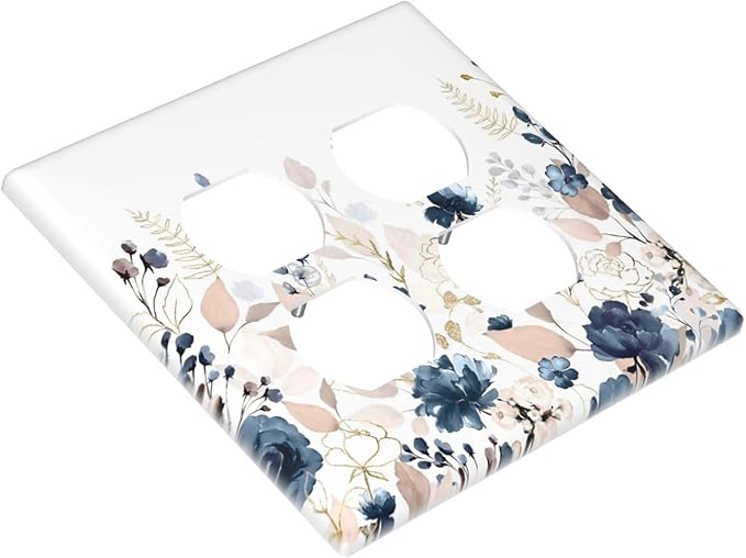 Blue Flora Boho Vintage Flower Golden Leaves Outlet Covers 2 Gang Double Duplex Decorative Light Switch Covers Electrical Wallplates Socket Faceplate for Bedroom Living Room Decor