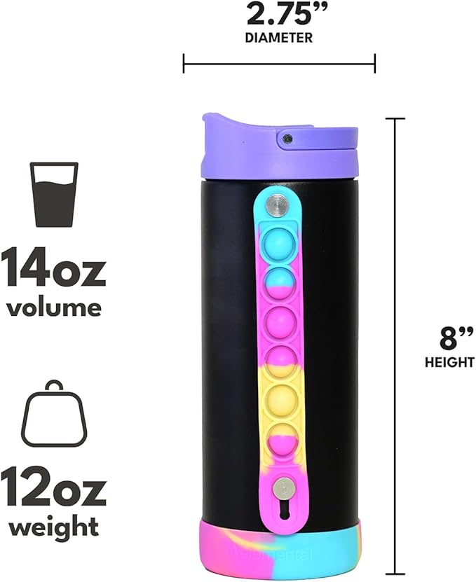 Elemental Iconic Kids Water Bottle for School - 100% Leak-Proof Insulated Water Bottles with Straw Lid & Pop-It Handle for Boys & Girls - Triple-Wall Insulated & BPA-Free, 14oz – Black Tie Dye