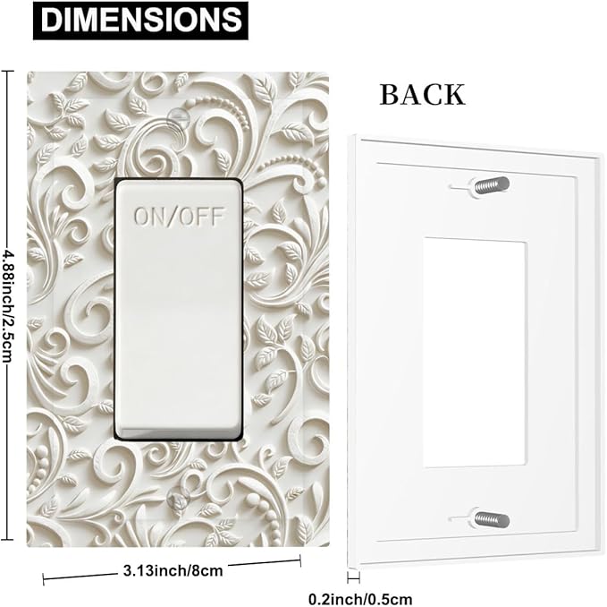 White Floral Vine 1-Gang Rocker Light Switch Plate, French Scroll Printed Pattern Decorative Wall Plate, Neutral Farmhouse Decor for Bedroom Bathroom Living Room