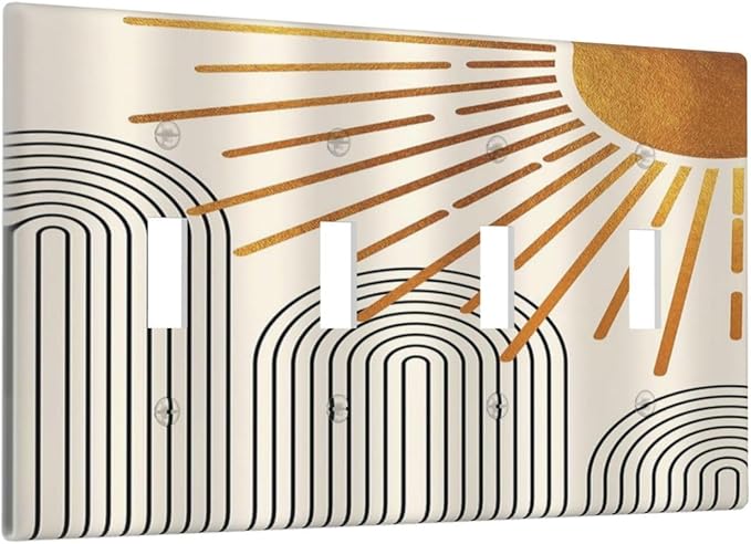 Mid Century Beige Boho Abstract Sun Vintage Arch Quad Toggle Light Switch Covers Decorative 4 Gang Wall Plate Electrical Faceplate Switchplate for Country Bathroom Bedroom Decor