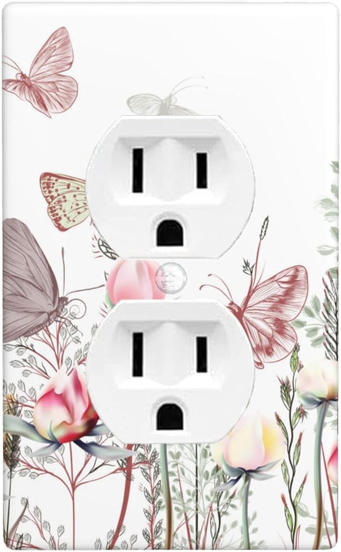 1-Gang Duplex Outlet Wall Plate, Pink Vintage Wildflower & Butterfly Printed Pattern Outlet Cover, Boho Cottage Decor for Bathroom Bedroom