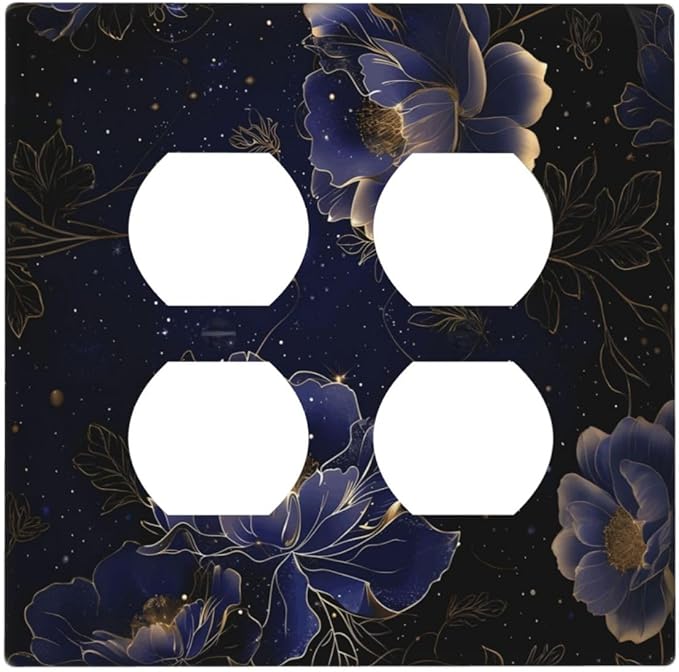 Navy Blue Floral Vintage Flower Dark Watercolor Outlet Covers 2 Gang Double Duplex Decorative Light Switch Covers Electrical Wallplates Socket Faceplate for Bedroom Living Room Decor