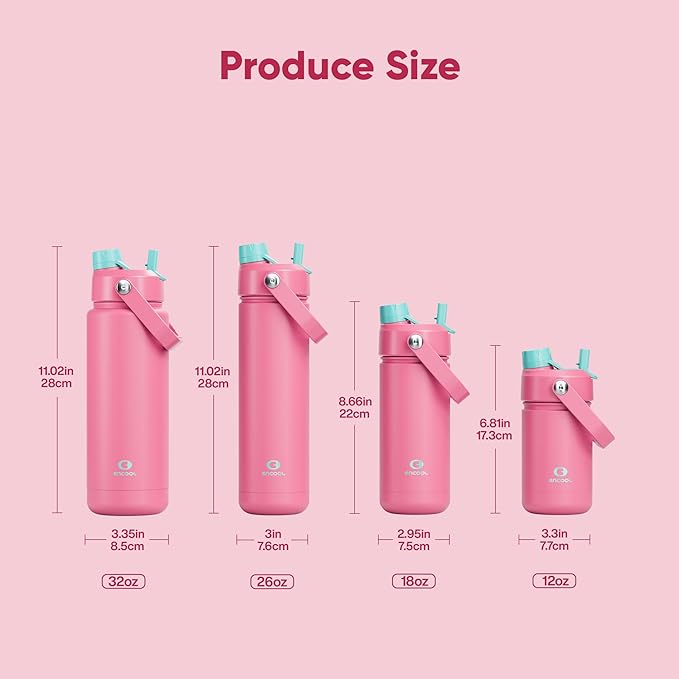 ENCOOL Kids Insulated Water Bottle with Straw - 12oz Stainless Steel Water Bottle with Dual Spouts, Leak-Proof, BPA-Free, Double Wall Vacuum Keeps Cold for 24 Hours for Sports, Travel, School (Tulip)