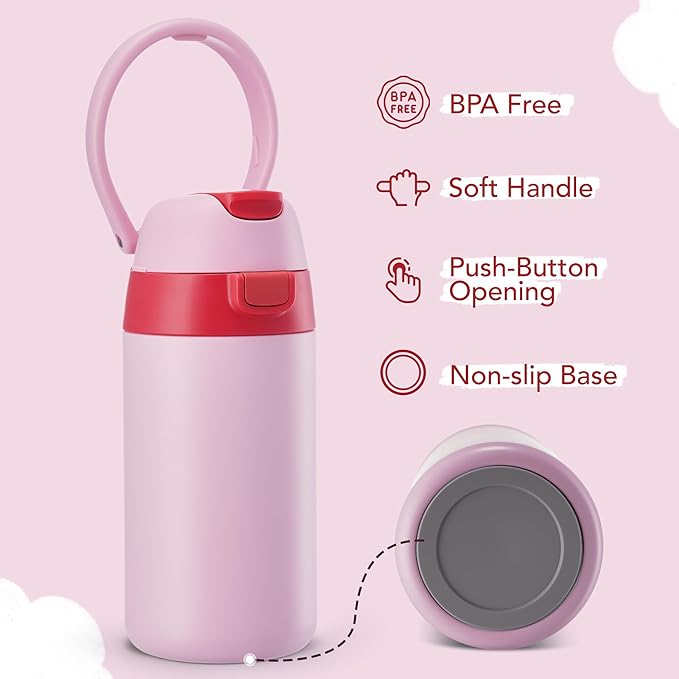 12 oz Water Bottle Insulated, 304 Stainless Steel Insulated Kids Water Bottle with Straw, 2-in-1 Lid Toddler Cups for School Boys Girls, BPA-Free, Leak-Proof, Great for Sport, Travel, Gift,Pink